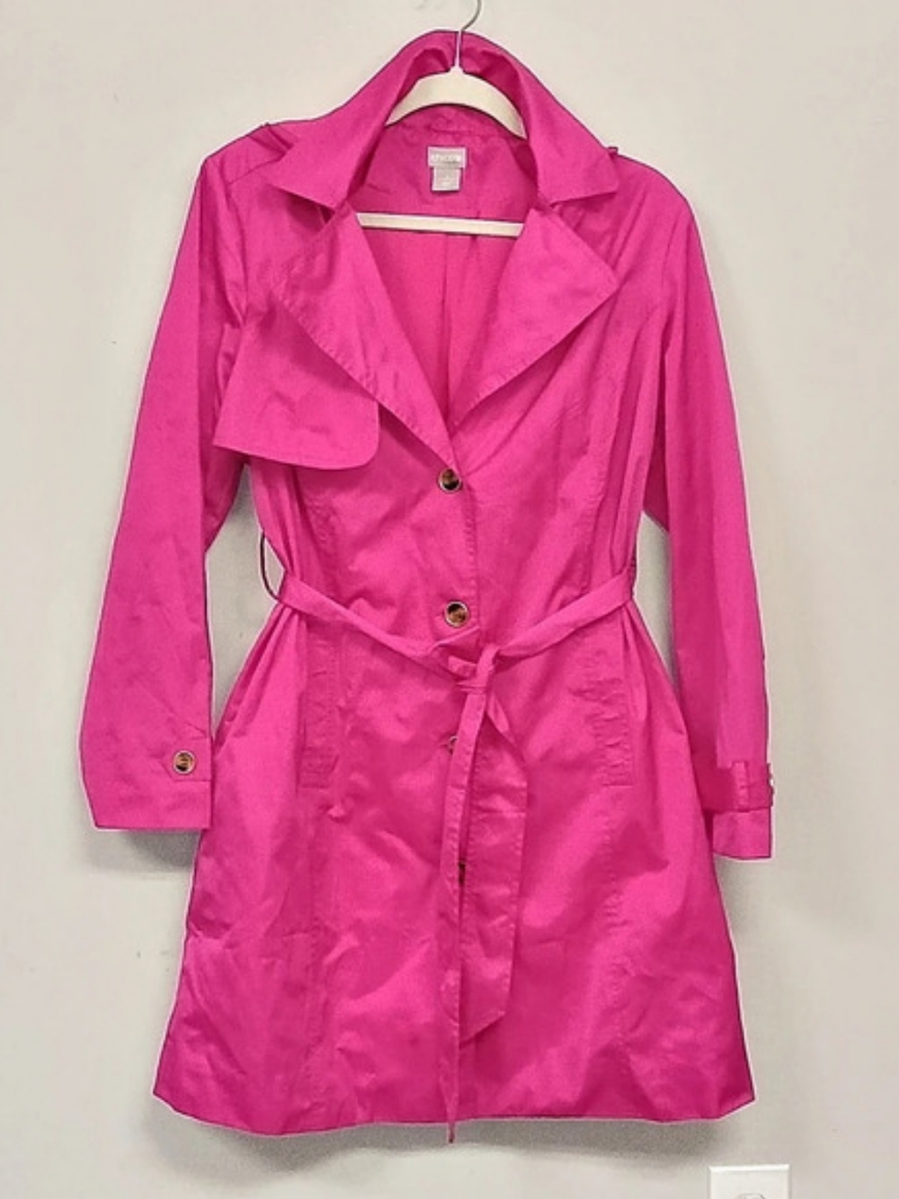 Chico's Hot  Pink Trench Rain Coat Hooded Lightweight Transitional Classic Med